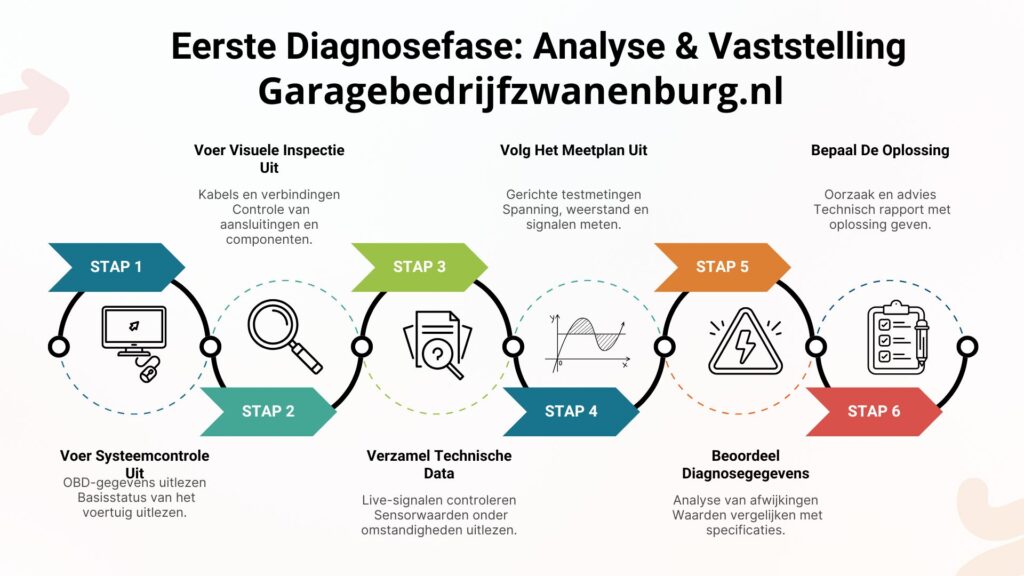 Infographic van auto diagnose en storingsoplossing stappen in Zwanenburg voor OBD2 en ECU-analyse.