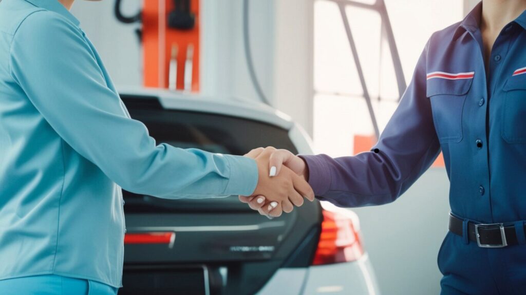 Handdruk tussen klant en monteur in de werkplaats als symbool voor betrouwbare autoservice in Zwanenburg